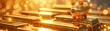 Gold bars next to a piggy bank, rich texture, golden hour light, direct overhead shot, vivid , 8K , high-resolution, ultra HD,up32K HD
