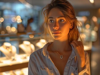 Wall Mural - Realistic scene of a young woman, jewelry store, her purchases in hand, soft lighting, detailed , 8K , high-resolution, ultra HD,up32K HD