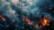 Großer Waldbrand bei Nacht, Regenwald in Flammen, Brandrodung im Regenwald, Starkes Feuer im Wald, Auswirkung auf das Klima  