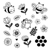 Fototapeta Dinusie - set isolated with cute outline bees, flowers