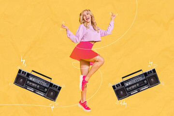 Poster - Composite trend artwork sketch image 3D photo collage of silhouette young attractive lady look flirty dance retro boombox music play