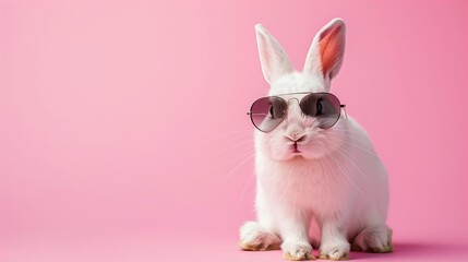 Wall Mural - Cute funny bunny wearing sunglasses on color background