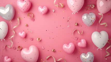 Wall Mural - Pink and white heart-shaped balloons with gold confetti on a pink background