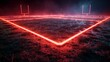 A 3D render of glowing neon football field on black background, in the style of bright red and cool cyan