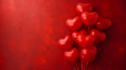 Red heart-shaped balloons on a textured red background