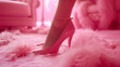 Elegant female high heel shoe in a vibrant pink setting, suggesting style, fashion, and femininity. Fluffy carpet and furniture in the background.