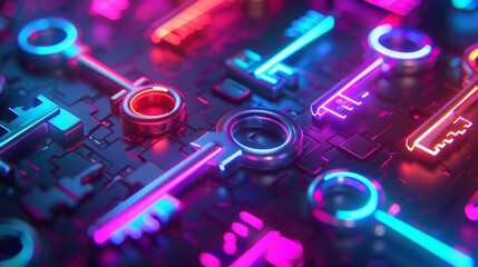 Wall Mural - a 3d render of glowing neon keys against a background of random color