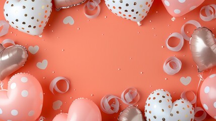Wall Mural - Festive balloons with hearts and confetti on an orange background