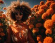 Eine Frau mit Afrofrisur und Sonnenbrille steht in einem Feld mit orangefarbenen Blumen,A woman with an afro and sunglasses stands in a field of orange flowers