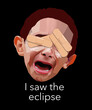 Bandages cover the eyes of a young man who is screaming I saw the eclipse in this humorous 3-d illustration about what can happen if you look at the sun.