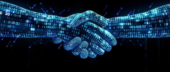 digital blue handshake with glowing binary code, artificial intelligence in virtual business transactions, commitment deal or partnership, secure authentication protocols.
