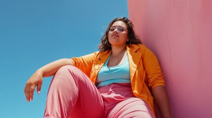 beautiful fashion plus size woman sitting on color wall, generative ai