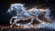 Graziosa statuetta di unicorno ornata di dettagli scintillanti e catturata in una posa dinamica su uno sfondo scuro illuminato da bokeh