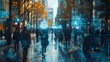 An elevated security camera captures surveillance footage of bustling city pedestrians amidst glowing digital overlays.