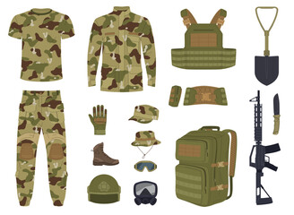 Equipment of a military serviceman. Combat protective clothing. Military armor and weapons. Vector illustration