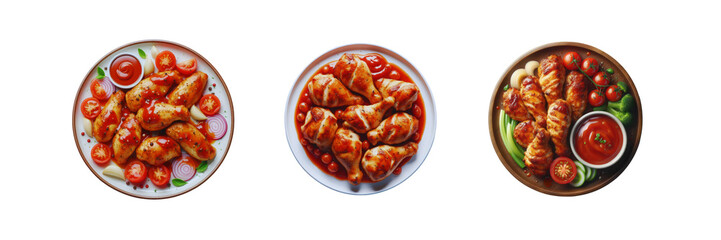 Wall Mural - Set of delicious Bar B Q Chicken pieces with tomato sauce in a plate, top view, illustration, isolated over on transparent white background