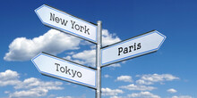 New York, Paris, Tokyo - Metal Signpost With Three Arrows