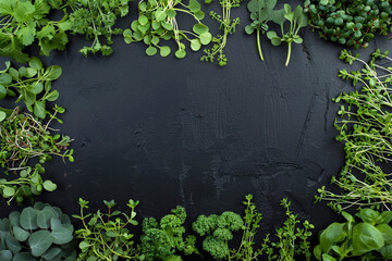 Green food frame made with healthy baby microgreens on black table, flat lay. Space for text, organic background