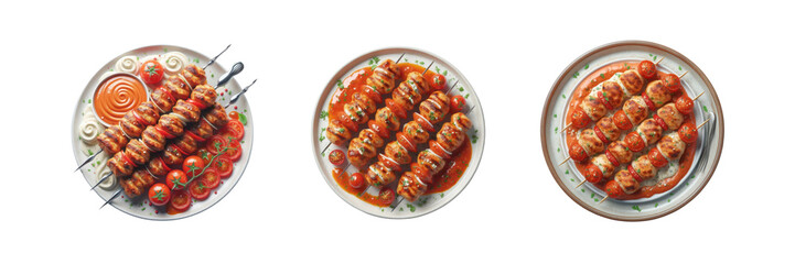 Wall Mural - Set of delicious Chicken kebabs with tomato sauce in a plate, top view, illustration, isolated over on transparent white background