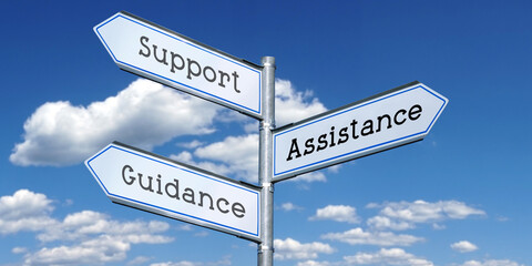 Wall Mural - Support, assistance, guidance - metal signpost with three arrows