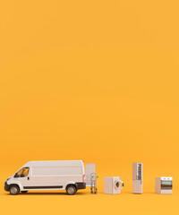 Wall Mural - White van on a yellow background with a selection of house hold electrical goods being delivered concept 3d render