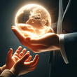 Child Receives Glowing Globe from Businessman's Hand