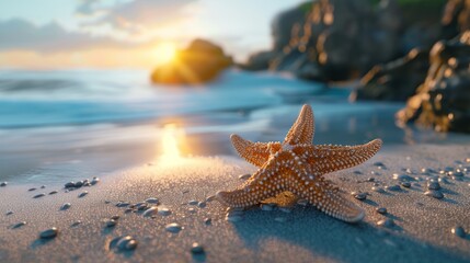 Poster - starfish on a sandy beach with sunrise in the background.AI generated image