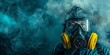 © kiimoshi - A man in a hazmat suit is standing in front of a blue background with smoke. The man is wearing a gas mask and a yellow helmet. Concept of danger and caution