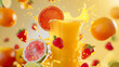 Freshly squeezed fruit juice on a light background with floating pieces of fruit. Świeżo wyciśnięty sok owocowy na jasnym tle z unoszącymi się kawałkami owoców. 