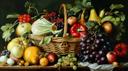 Wall Mural - A painting of a basket of fruit and vegetables