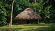 a small thatched roof hut in the middle of the forest. The hut is made of wood and has a simple design.AI generated image