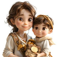 Wall Mural - A 3D animated cartoon render of a mother and child celebrating finding a treasure.