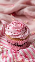 Sticker - A cupcake with pink frosting and sprinkles