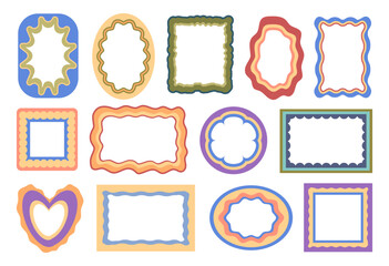 Doodle colorful frames with wavy borders and decorative elements. Vector isolated square shape and circle, oval and rectangle. Empty and blank templates for picture or photo album design