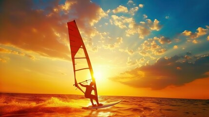 Canvas Print - silhouette of a windsurfer standing on a board against a sunset background.AI generated image