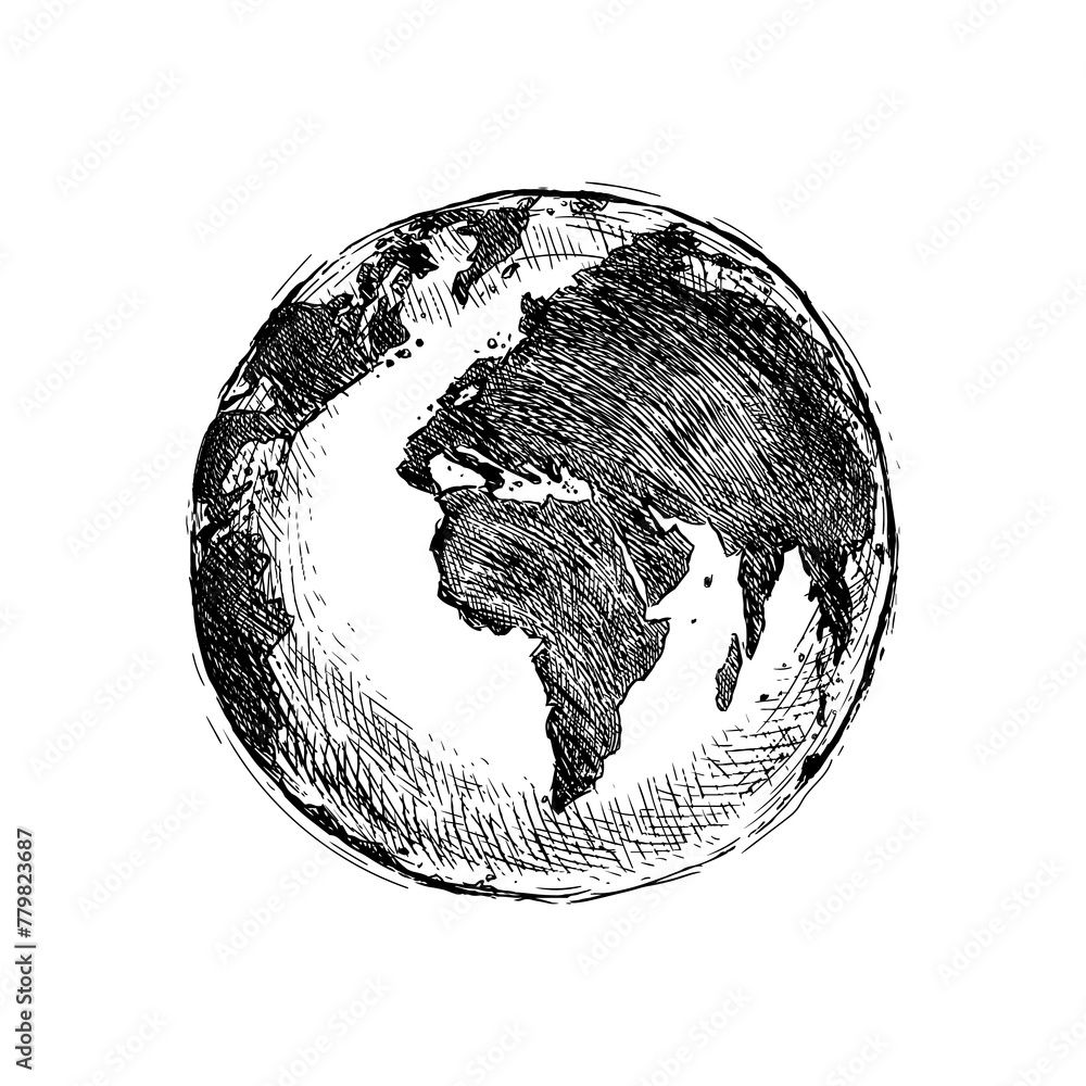 Globe sketch. Hand drawn earth planet with continents and oceans ...