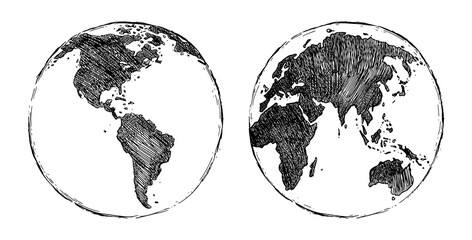 Wall Mural - Globe sketch. Hand drawn earth planet with continents and oceans. Doodle world map illustration. Planet and world sketch map with ocean and land.