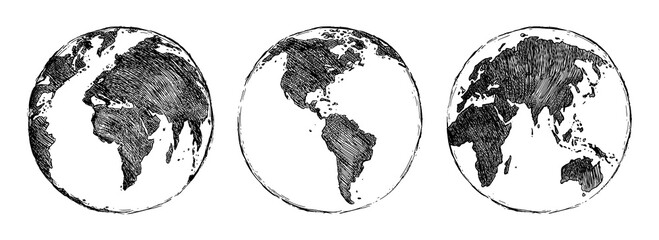 Wall Mural - Globe sketch. Hand drawn earth planet with continents and oceans. Doodle world map illustration. Planet and world sketch map with ocean and land.