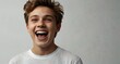 young white teenage boy on plain bright white background laughing hysterically looking at camera background banner template ad marketing concept from Generative AI