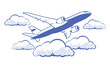 Plane above clouds. Silhouette airliner flying in sky. Vector icon on transparent background