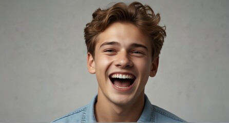 young caucasian teenage boy on plain bright white background laughing hysterically looking at camera background banner template ad marketing concept from Generative AI