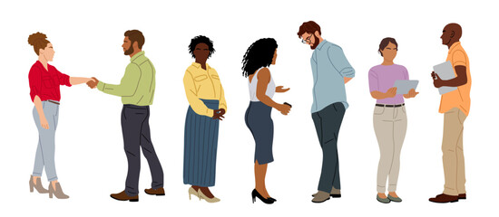 Different business team members standing, talking, greeting, shaking hands, taking part in business activities, meeting, brainstorming, coffee break. Multiracial people vector illustrations isolated.