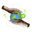 World Earth day halftone collage. Trendy vintage mixed art with halftone hands supporting earth. Concept of protection the Earth with human hands. 22 april. Vector design.