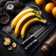 Knife with banana on dark background. Interesting illustration on the theme of banana. Generative AI. banana and knife on table. banana and knife. Banana on the table. Musa. Musa acuminata. Food. 