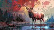 A deer is standing in a forest with a red sky in the background. The image has a surreal and dreamlike quality to it, with the deer appearing to be surrounded by a pixelated and distorted landscape