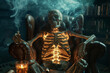 A mystical skeleton illuminated by colorful rays sits in a chair, indulging in whiskey and smoking. Illustrating the concept of unhealthy habits and vices.