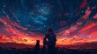 A man and his animal companion in advanced attire are sitting and gazing at the celestial streaks in the atmosphere, depicted in digital artwork with an illustrative painting style.