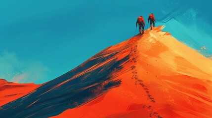 Hikers ascend the sandy hill in the crimson desert, in a digital art form, depicted through an illustrated painting.