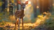 Beautiful spotted deer Bambi strolls through the forest enjoying the weather