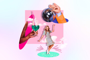 Sticker - Composite photo collage of blonde girl dance cocktail hand shiny disco ball party leisure occasion rest relax isolated on painted background